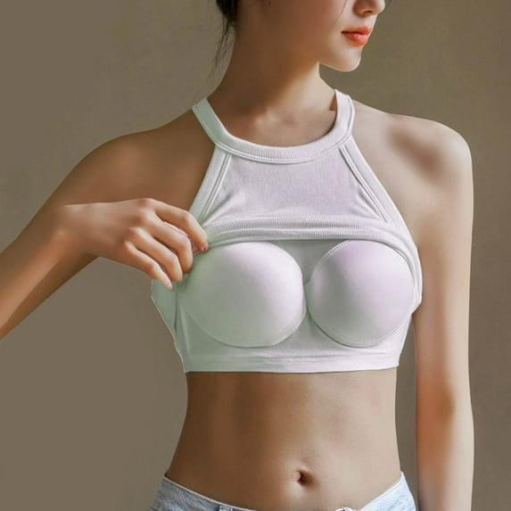 Munlar Vest Tank Tops for Women Beige Modest Camisole with Built in Bra Solid Halter Sleeveless Slim Tees L