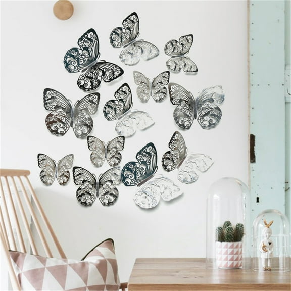 Munlar Wall Decals Peel and Stick,12PCS 3D Metal Texture Hollow Butterfly Wall Sticker