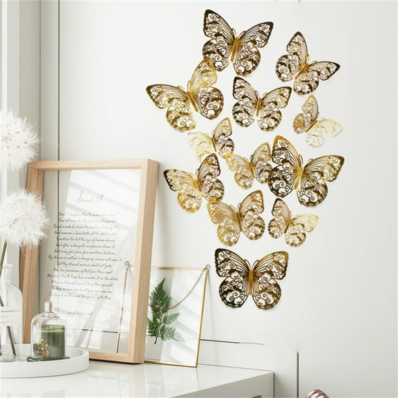 Munlar Wall Decals Peel and Stick,12PCS 3D Metal Texture Hollow Butterfly Wall Sticker