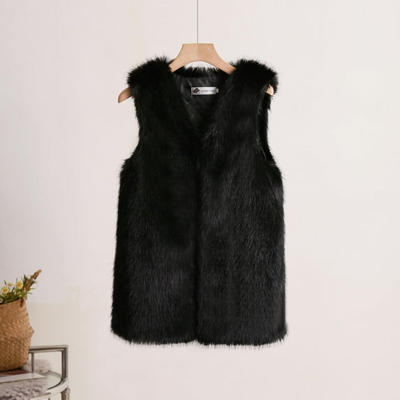 Munlar Women Jackets Clearance Sale-Fashion Medium Length Faux Fur Vest Warm Vest Faux Furs Black Petticoat Clearance
