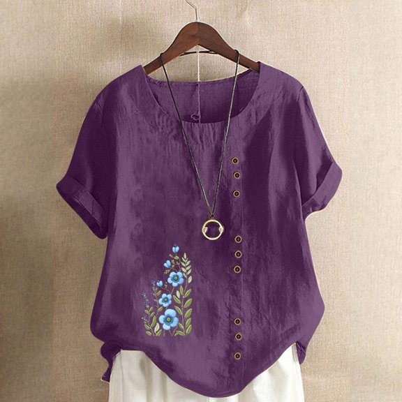 Munlar Women Tops Summer Trendy Purple Blouses Cotton Linen Short Sleeve Crew Neck Floral Print Loose Shirts L