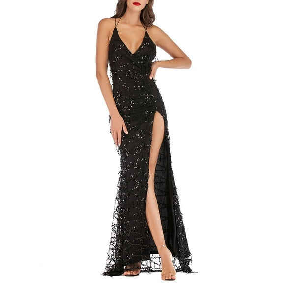 Munlar Women's Evening Dress Sleeveless Square Neck Dress Sequins Solid High Split Bodycon Maxi Dress