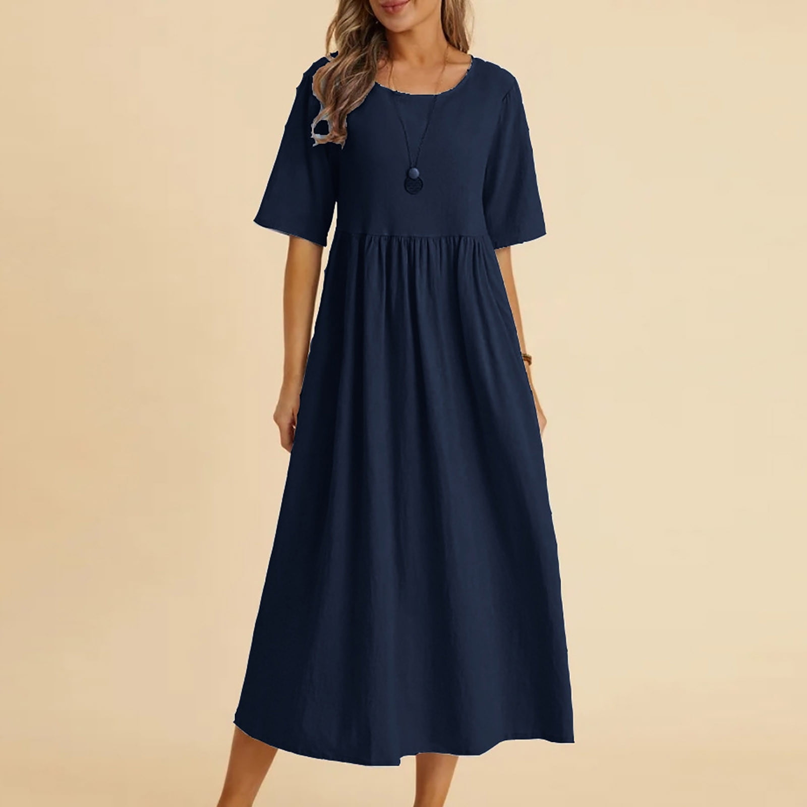 Necooer Women's Casual Pleated Midi Dress - Loose Fit, Short Sleeve, Flowy Swing Style (Gray, Small)