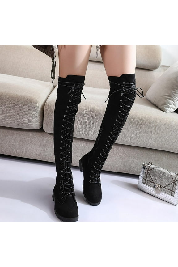 Munlar Women's Low-Heeled Over-The-Knee Boots-Christmas Warm Military Boots Women's Low-Heeled Over-The-Knee Boots Non Slip Cowboy Womens Winter Boots Clearance
