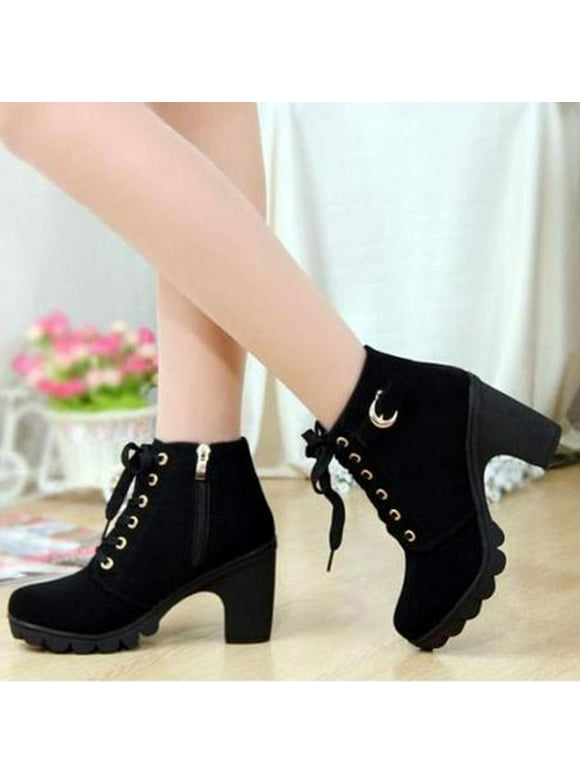 Women's Middle Ankle Boots-Black Leather Boots Christmas Square Toe Women's Middle Ankle Boots Non Slip Warm Womens Winter Boots Clearance