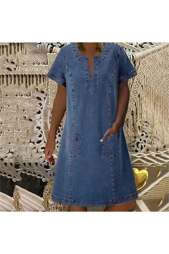 Women's Midi Dress Blue Loose Plus Size with Pocket Denim Dress Summer Casual Short Sleeve Sundress