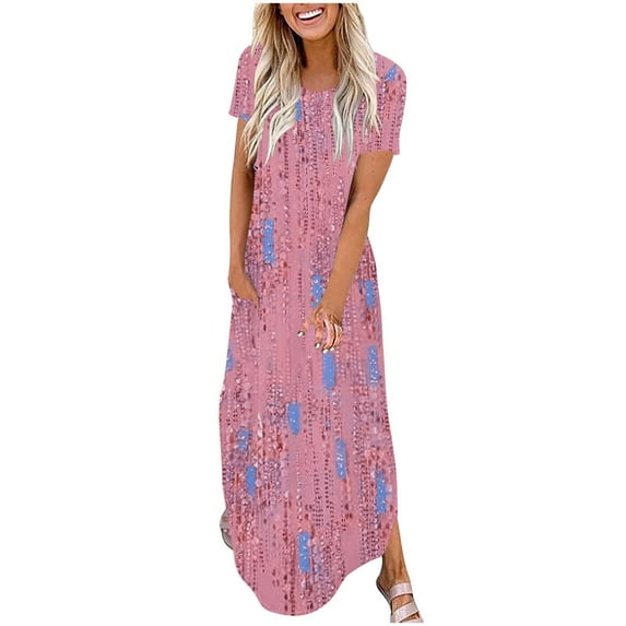 Munlar Women's Pink Sundress Bodycon Floralprint Pleated Maxi Dresses Short Sleeve Summer Round Neck Dresses for Women