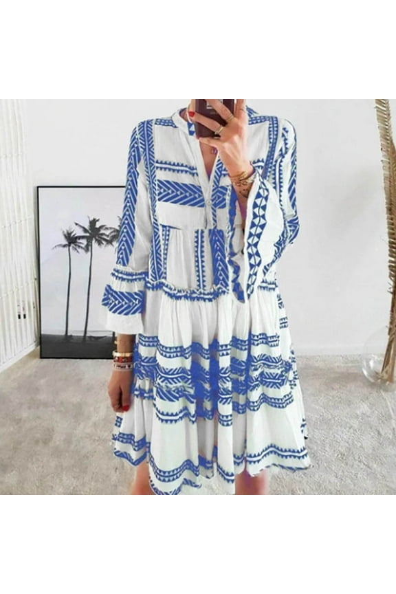 Women's Pleated Sundress Loose Striped Blue Mini Dress Summer 3/4 Sleeve Dress for Women