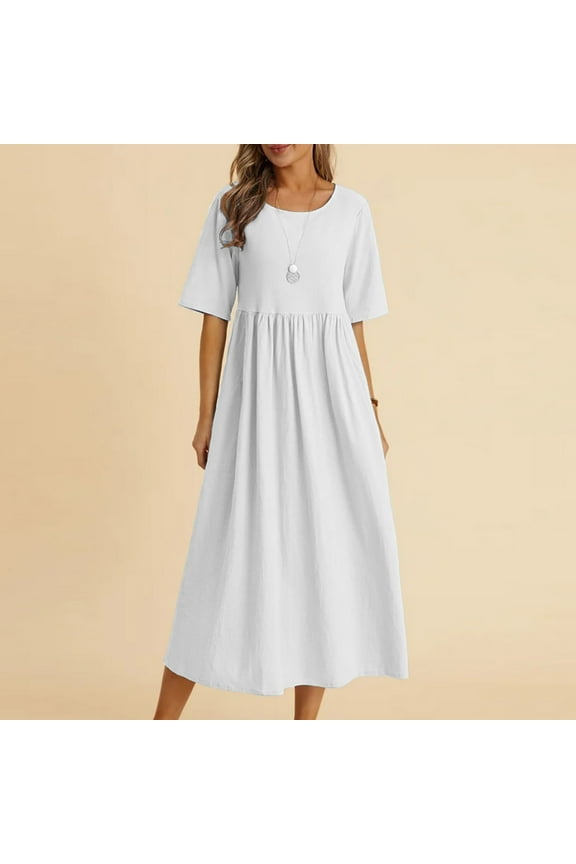 Women's Ruffle Midi Dress Loose Pleated White Long Dress Short Sleeve Summer Casual Sundress