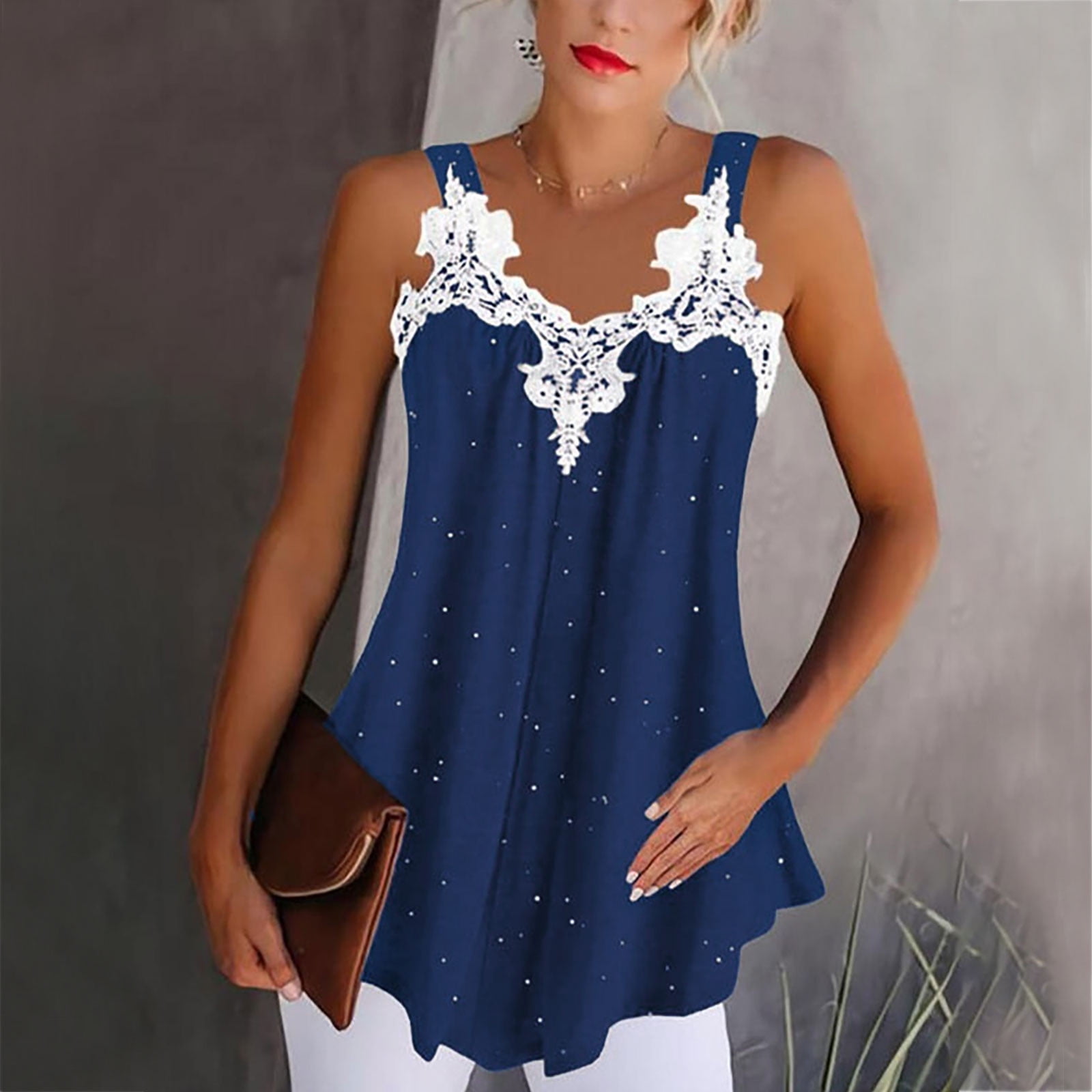 Munlar Womens Sexy Vest Strappy Tunic Floral Lace Blue Camisole Sleeveless Tank Tops For Women 2034