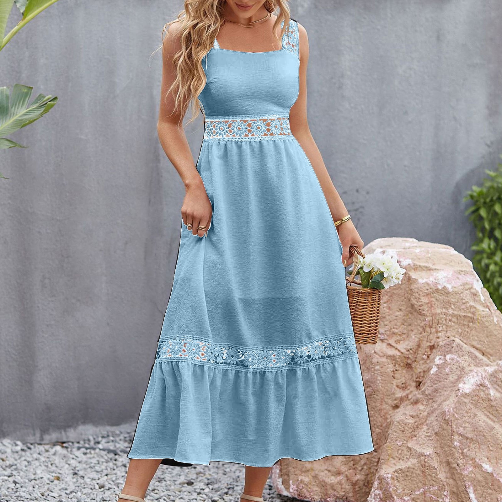 Munlar Women's Sun Dress Sleeveless Square Neck Blue Dress A-Line ...