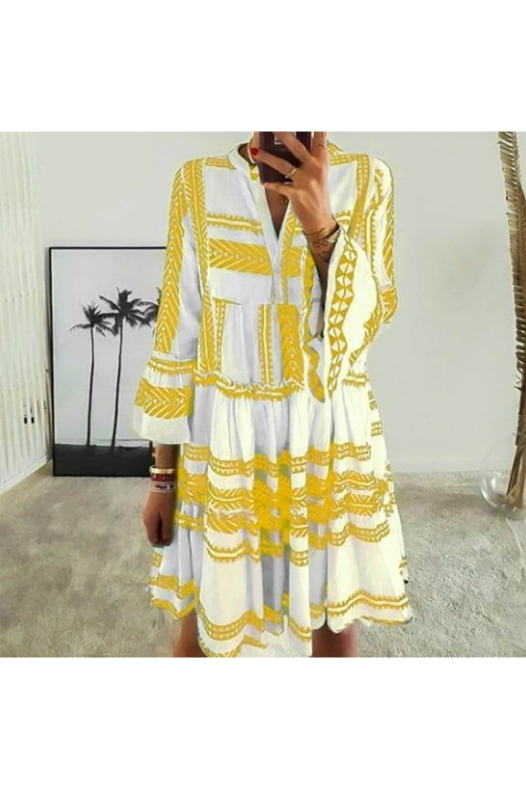 Women's Yellow Sundress Loose Pleated Striped Mini Dress Summer 3/4 Sleeve Dress for Women