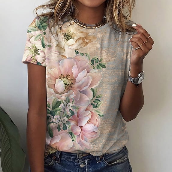Munlar Womens Brown Crew Neck Short Sleeve Basic Tops Loose Blouse Floral Print Casual T-Shirt