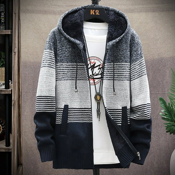 Munlar Womens Cardigan Sweaters,Fleece Thick Stripe Color Matching Hooded Sweater Coat Gradient Casual Men's