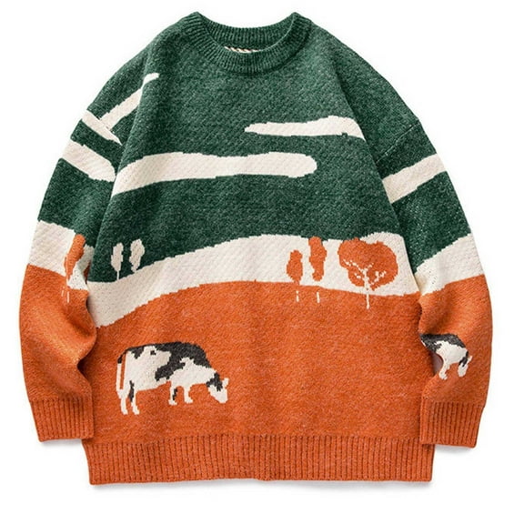 Munlar Womens Cardigan Sweaters,Men Grassland Cow Vintage Oversize Long Sleeve Round Neck Knitted Pullover Sweater