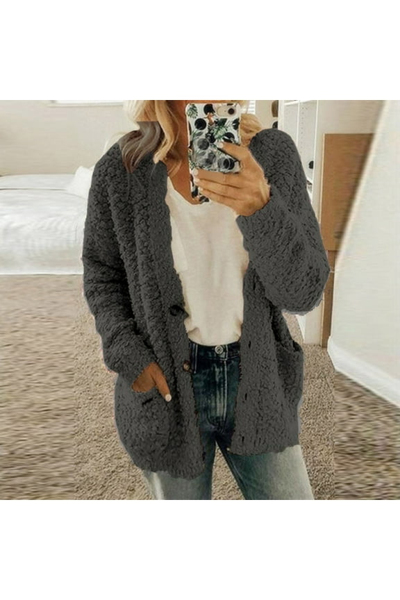 Womens Cardigan Sweaters,Women Casual Plus Size Plush Sweater Pockets Outerwear Buttons Cardigan Coat