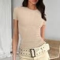 thumbnail image 1 of Munlar Womens Fitted Tops Ribbed Crew Neck Short Sleeve Basic Shirt Beige Stretchy Blouse for Women, 1 of 5