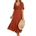 thumbnail image 1 of Munlar Womens Flowy Sundress V Neck A-line Red Short Sleeve Midi Dress Summer Ruffle Dress for Women, 1 of 9