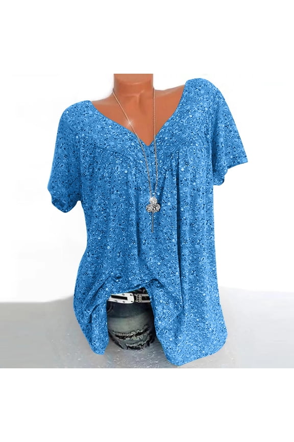 Womens Flutter-Sleeve V Neck Basic Tops Light Blue Plus Size Loose Blouse Casual Floral Print T-Shirt