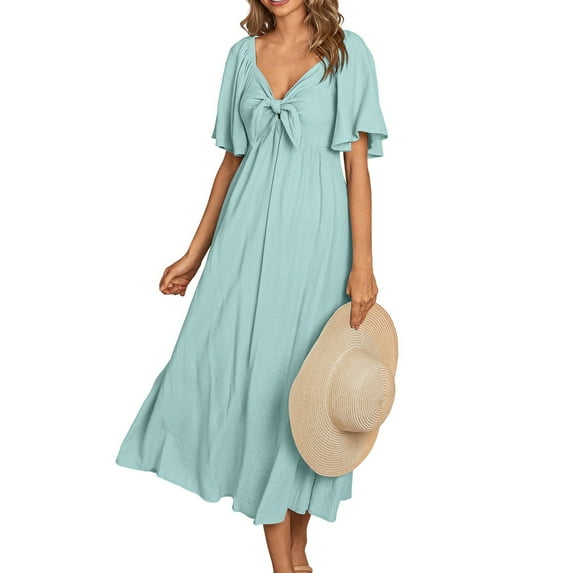 Munlar Womens Mint Green Sundress Short Sleeve V Neck A-line Flowy Midi Dress Summer Ruffle Dress for Women