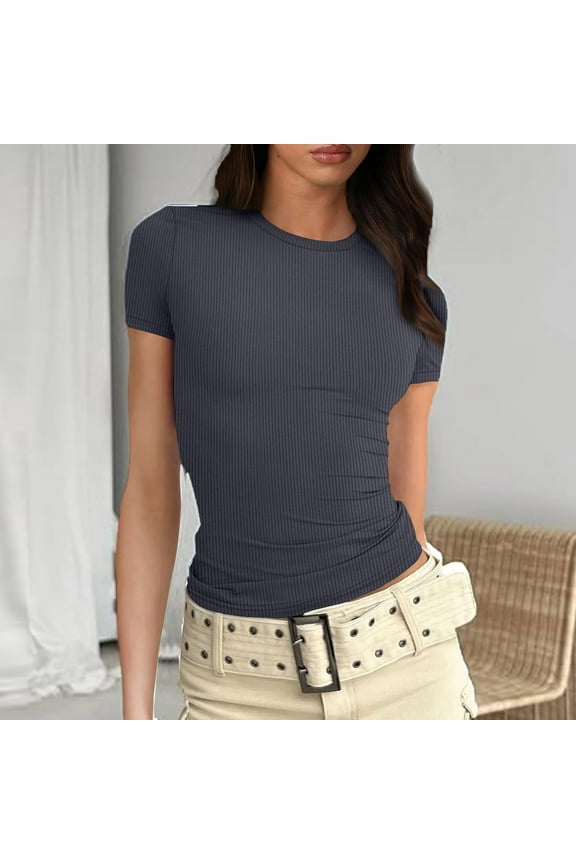 Womens Ribbed Crew Neck Slim Fitted Short Sleeve Basic Tops Gray Basic Blouse Solid Stretchy T-Shirt XXL