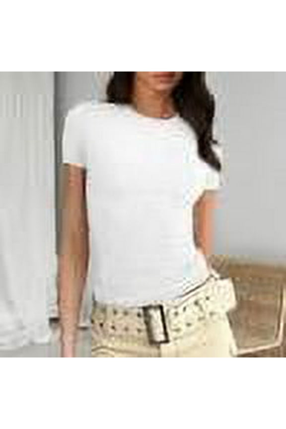 Womens Ribbed Tops Basic Crew Neck Fitted Short Sleeve Shirt Stretchy White Blouse for Women