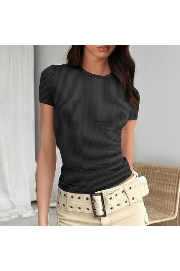 Womens Short Sleeve Crew Neck Ribbed Slim Fitted Basic Tops Black Basic Blouse Stretchy Solid T-Shirt XL