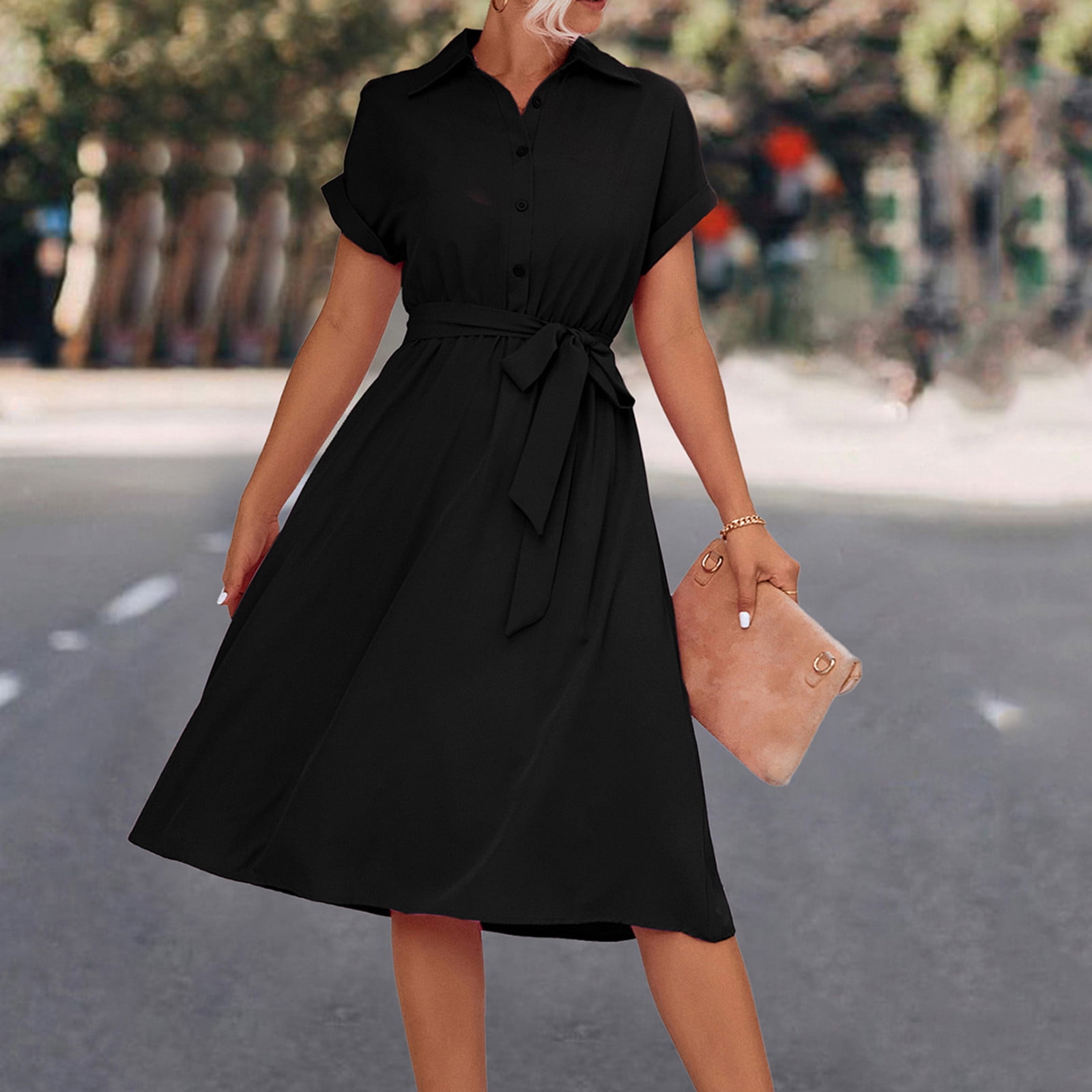 Munlar Womens Short Sleeve Shirt Dress Button Down Flowy V Neck Black Midi Dress A line Summer Dress for Women Walmart
