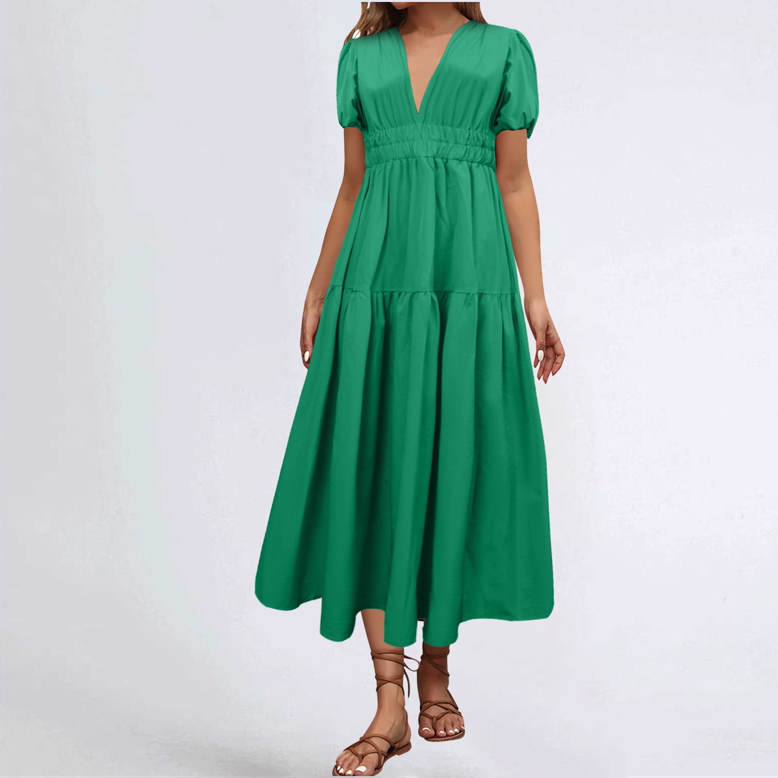 Women’s Green Chanderi Umbrella Style A-Line Dress with Drawstring Waist main image 0