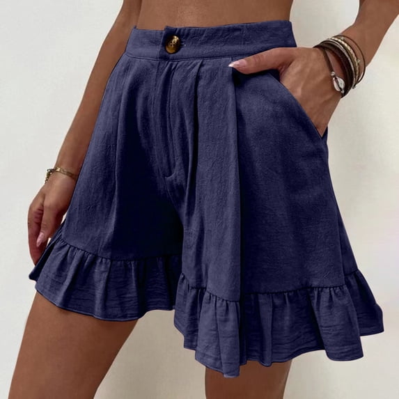 Munlar Womens Shorts Navy High Waist Ruffled Hem Pleated with Pockets Workout Shorts for Women