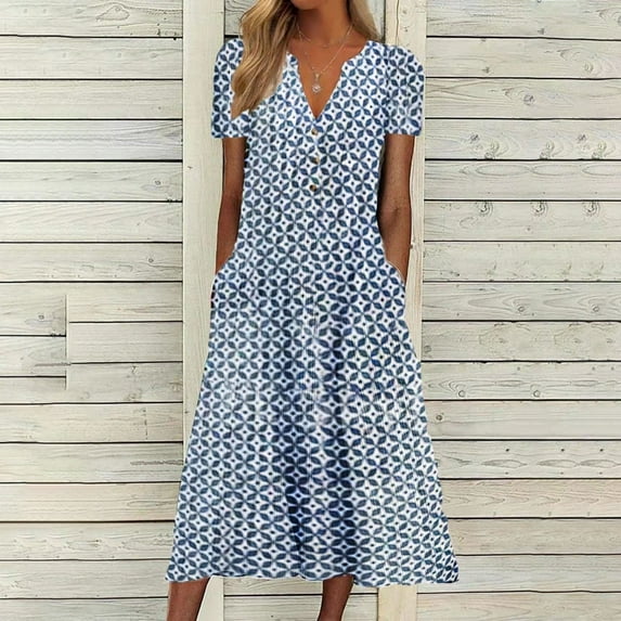 Munlar Womens Sky Blue Sundress Pleated Short Sleeve V Neck A-line Long Dress with Pockets Summer Dress for Women