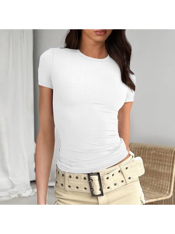 Womens Slim Fitted Crew Neck Basic Tops Short Sleeve White Ribbed Basic Blouse Stretchy Solid T-Shirt XL