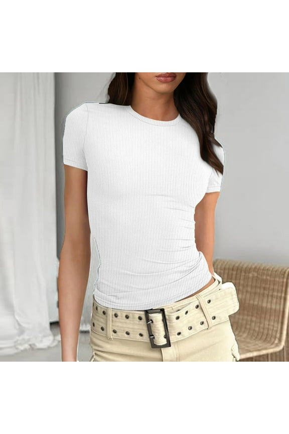 Womens Slim Fitted Crew Neck Basic Tops Short Sleeve White Ribbed Basic Blouse Stretchy Solid T-Shirt XL