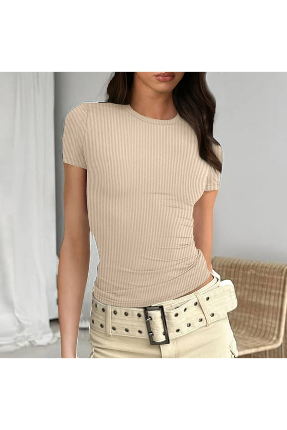 Womens Slim Fitted Crew Neck Ribbed Basic Tops Short Sleeve Beige Basic Blouse Solid Stretchy T-Shirt XL
