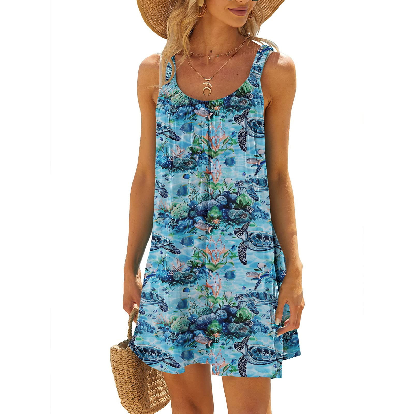 Munlar Womens Sun Dress Sleeveless Blue Short Tank Dress Boho Ruffles ...