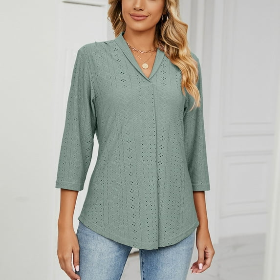 Munlar Womens T Shirts V Neck 3/4 Sleeve Green Blouses Solid Lapel Tops for Women