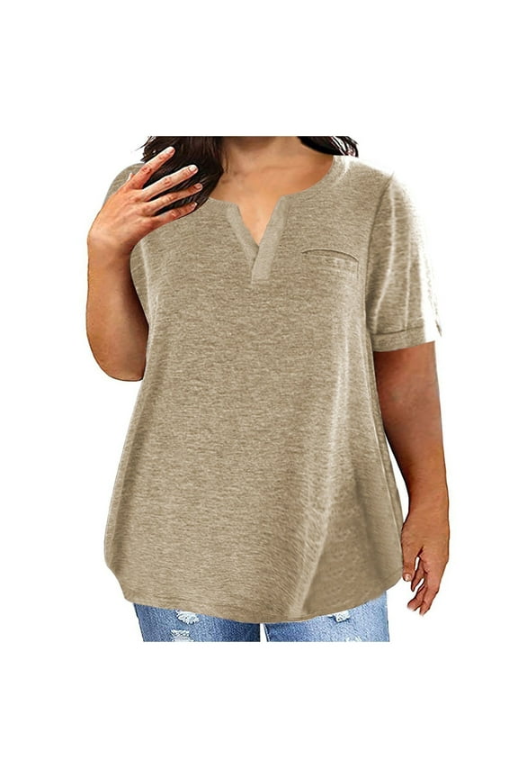Womens Tunic Tops V Neck Khaki Plus Size Loose Short Sleeve Basic Blouse Casual Sparkling Crystal Printed T-Shirt