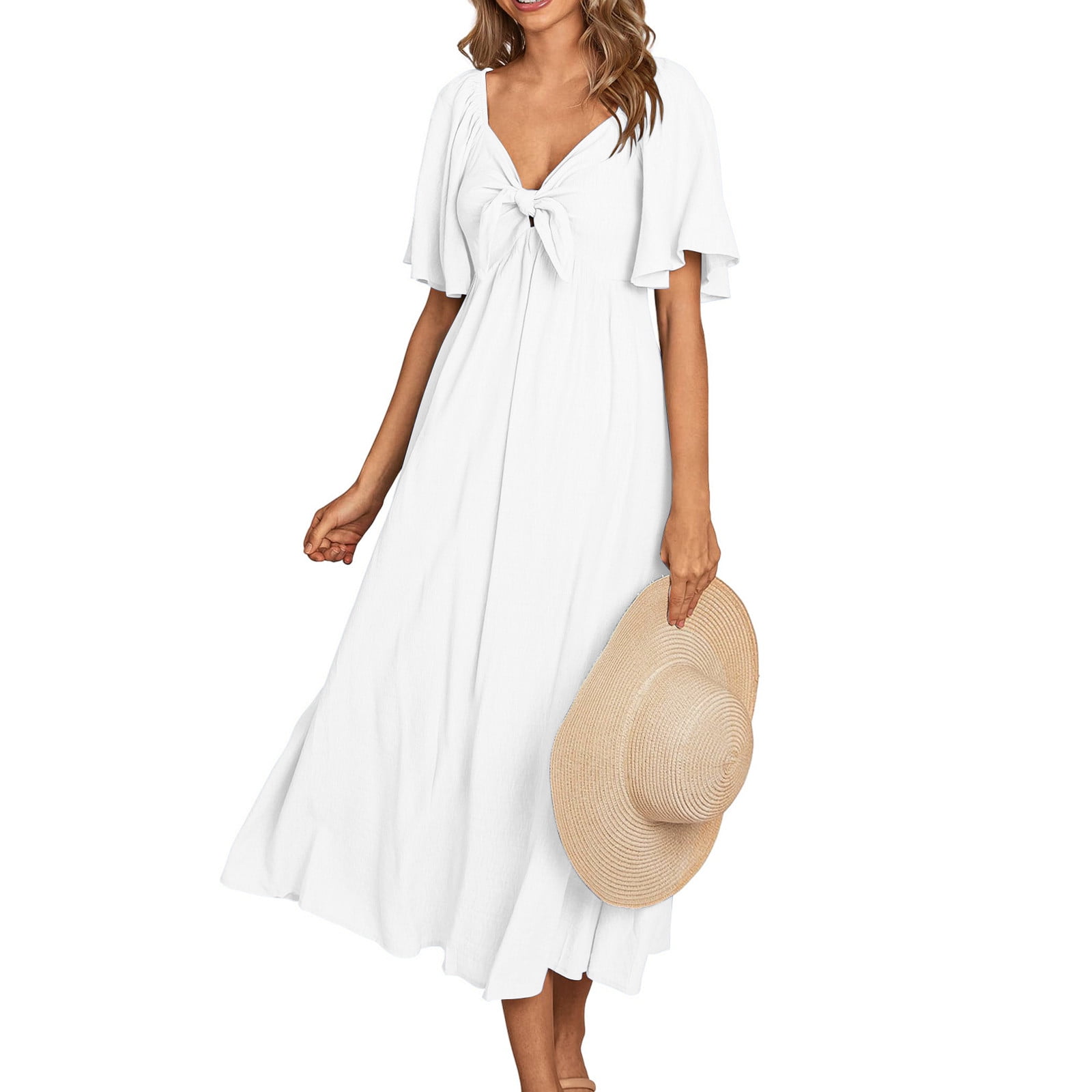 Munlar Womens V Neck Sundress A-line Flowy Short Sleeve White Midi Dress  Summer Ruffle Dress for Women - Walmart Business Supplies