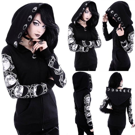 Munlar Work Jacket-Plus-Size Loose Gothic Punk Long Sleeve Hooded Black Cardigan Zipper Winter Coat for Women Clearance