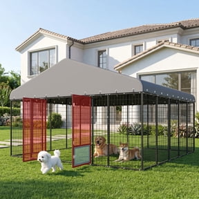 Muphyers 10*10FT Outdoor Dog Kennel with Waterproof Roof Cover, Heavy Duty Dog Cage with 360° Swivel Feeder, Anti-Rust Pet Enclosure with Secure Dual Locks, Large Dog Run House for Yard