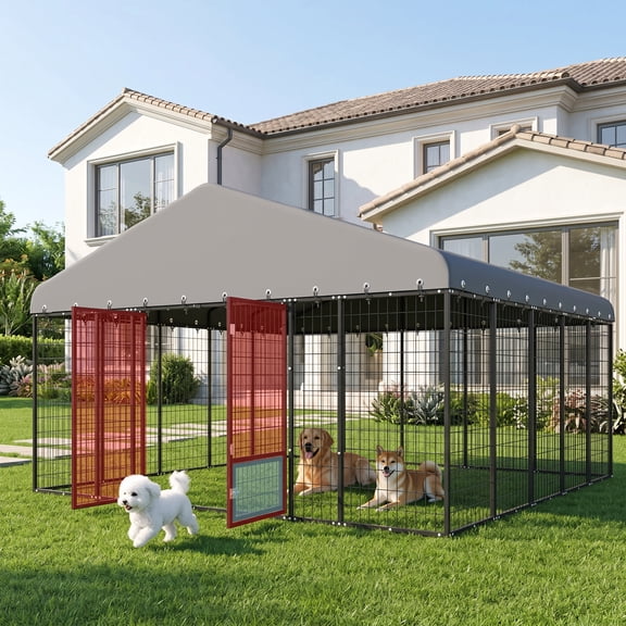 Muphyers 10*10FT Outdoor Dog Kennel with Waterproof Roof Cover, Heavy Duty Dog Cage with 360° Swivel Feeder, Anti-Rust Pet Enclosure with Secure Dual Locks, Large Dog Run House for Yard