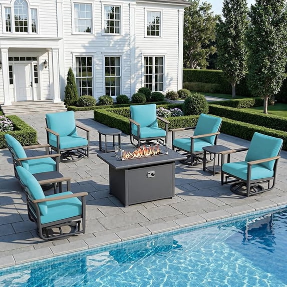 Muphyers 10 Pcs Aluminum Swivel Rocking Chair Set, Patio Furniture Set with 55000 BTU 2-in-1 Fire Pit Table, Wide Seat 5.1" Thick Cushion Outdoor Conversation Set for Deck Porch Poolside,Turquoise