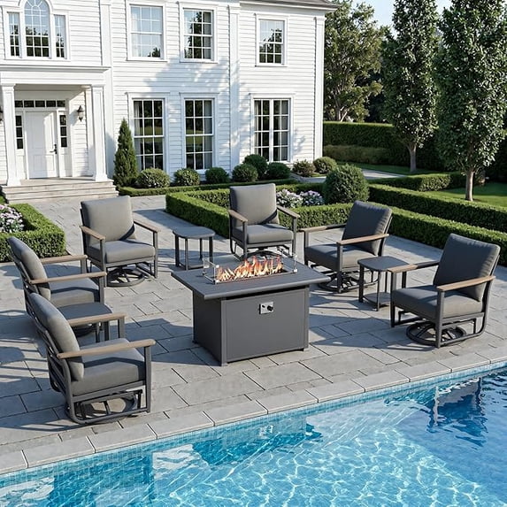 Muphyers 10 Pcs Aluminum Swivel Rocking Chair Set, Patio Furniture Set with 55000 BTU 2-in-1 Fire Pit Table, Wide Seat 5.1" Thick Cushion Outdoor Conversation Set for Deck Porch Poolside,Dark Gray