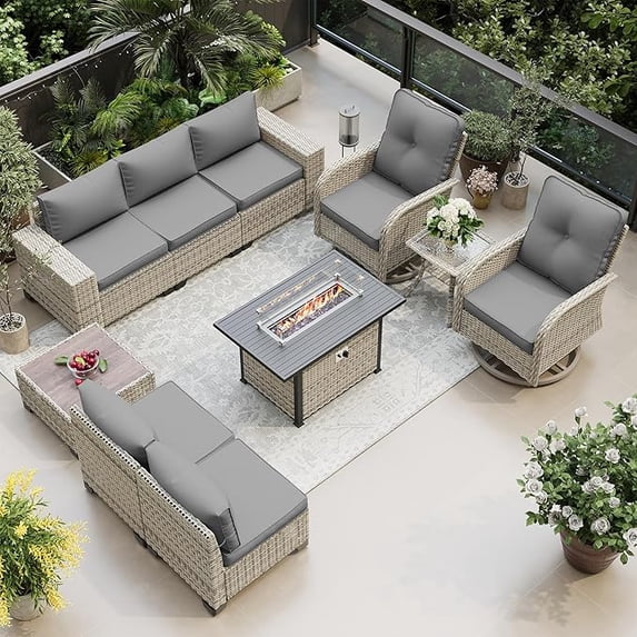 Muphyers 10 Pcs Patio Furniture Set with 43” 55000BTU Fire Pit Table, 360° Swivel Rocking Chairs, Wicker Outdoor Sectional Sofa Set, 4" Waterproof Cushions Conversation Set for Backyard Garden,Gray
