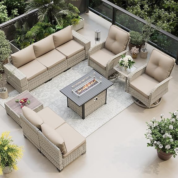 Muphyers 10 Pcs Patio Furniture Set with 43” 55000BTU Fire Pit Table, 360° Swivel Rocking Chairs, Wicker Outdoor Sectional Sofa Set, 4" Waterproof Cushions Conversation Set for Backyard Garden,Beige