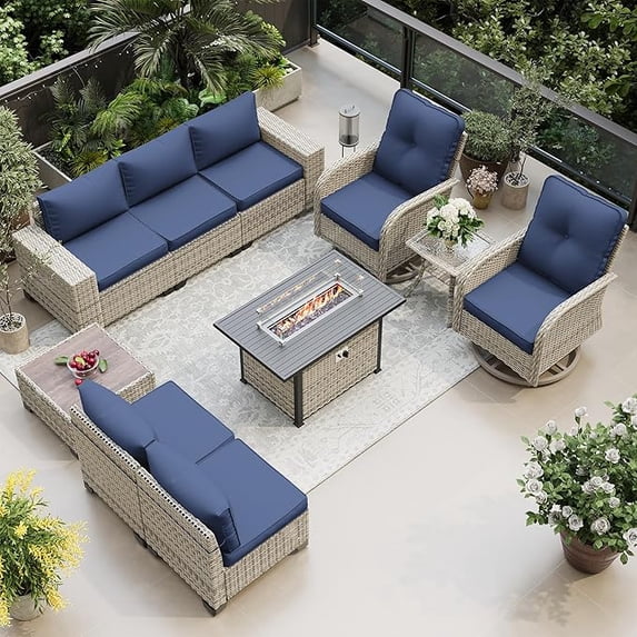 Muphyers 10 Pcs Wicker Patio Furniture Set, Outdoor Sectional Sofa with 55000BTU Fire Pit Table, 360° Swivel Rocking Chairs, 4" Cushions All-Weather Conversation Set for Backyard Porch,Navy Blue