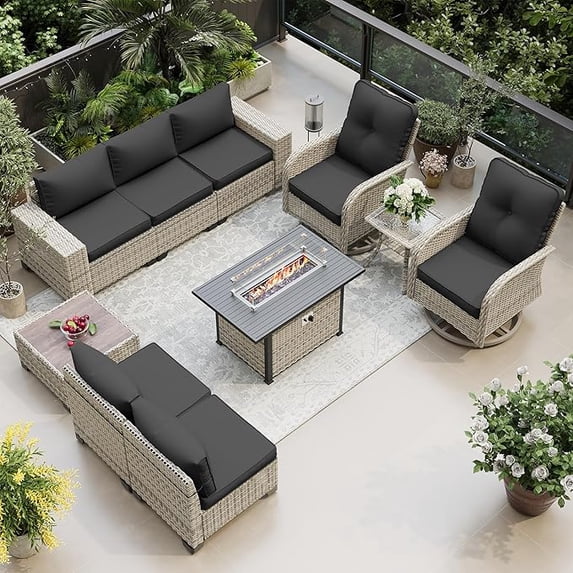 Muphyers 10 Pcs Wicker Patio Furniture Set, Outdoor Sectional Sofa with 55000BTU Fire Pit Table, 360° Swivel Rocking Chairs, 4" Cushions All-Weather Conversation Set for Backyard Porch,Dark Gray
