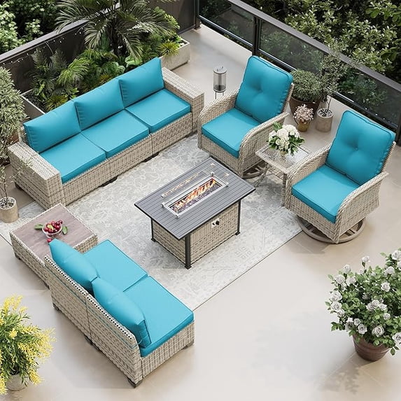 Muphyers 10 Pcs Wicker Patio Furniture Set, Outdoor Sectional Sofa with 55000BTU Fire Pit Table, 360° Swivel Rocking Chairs, 4" Cushions All-Weather Conversation Set for Backyard Porch,Turquoise