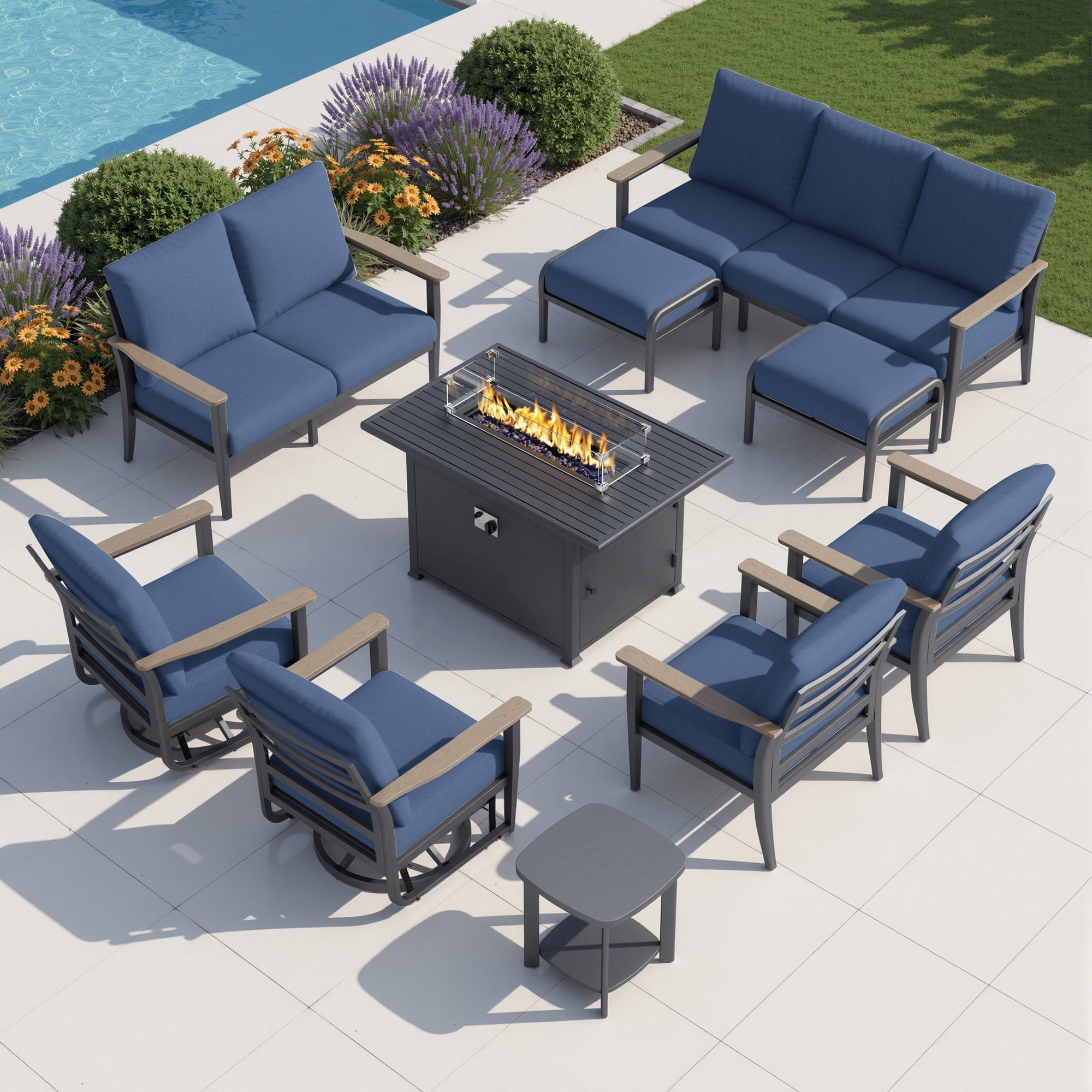 Muphyers 10 Piece Aluminum Outdoor Patio Furniture Set, 55000 BTU CSA Propane Fire Pit Table, 360° Swivel Rocker Sofa Set with Ottomans, All Weather for Backyard, Garden, Porch,Navy Blue