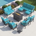 thumbnail image 1 of Muphyers 10 Piece Aluminum Outdoor Patio Furniture Set, 55000 BTU CSA Propane Fire Pit Table, 360° Swivel Rocker Sofa Set with Ottomans, All Weather for Backyard, Garden, Porch,Turquoise, 1 of 12